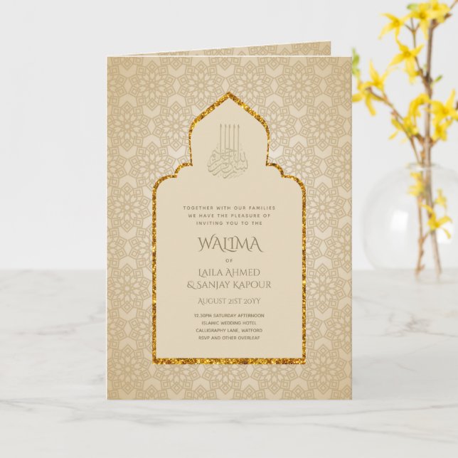 Ornamental Bilingual WALIMA Nikah Muslim Bröllop Kort (Gul blomma)