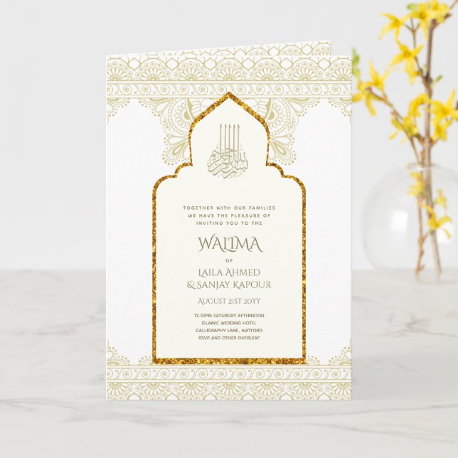 Ornamental Bilingual WALIMA Nikah Muslim Bröllop Kort (Gul blomma)