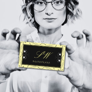 Ornamental Black Cream Sparkling Diamonds Monogram Visitkort