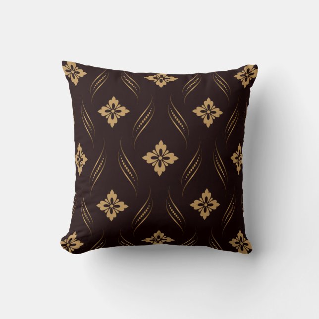 Ornamental Damask Golden Brown Blommigt Kudde (Framsida)