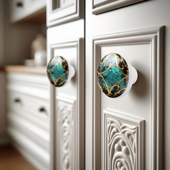 Ornamental Guld Filigree Teal Black Marble Knopp (Skapare uppladdad)