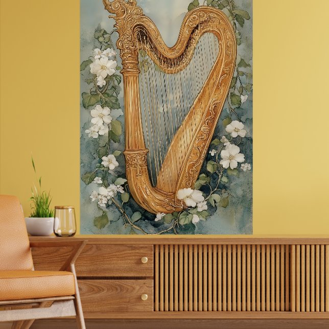 ornamental harp surrounded by white flowers poster (Vardagsrum 2)
