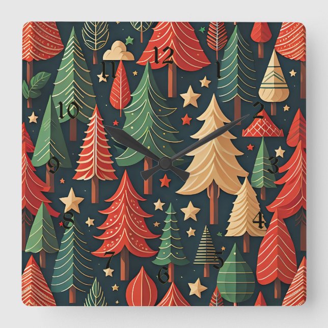 Ornamental Julgran mönster Fyrkantig Klocka (Framsida)