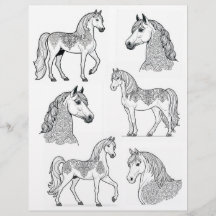 Ornamental Tattoed Horses B&W LineArt
