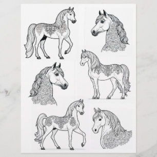 Ornamental Tattoed Horses B&W LineArt