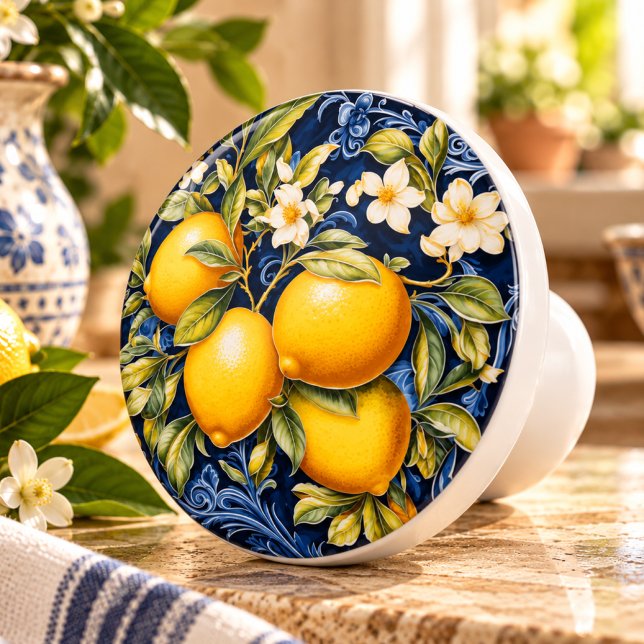 Ornamentala citroner - Marinblå keramisk knopp (Ornate Lemon Navy Ceramic Cabinet Knob with Vintage Mediterranean Botanical Design)
