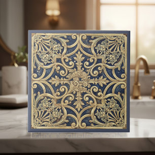 Ornamentalt Barockmönster Pat#2 Blå Guld ID1195 Kakelplatta