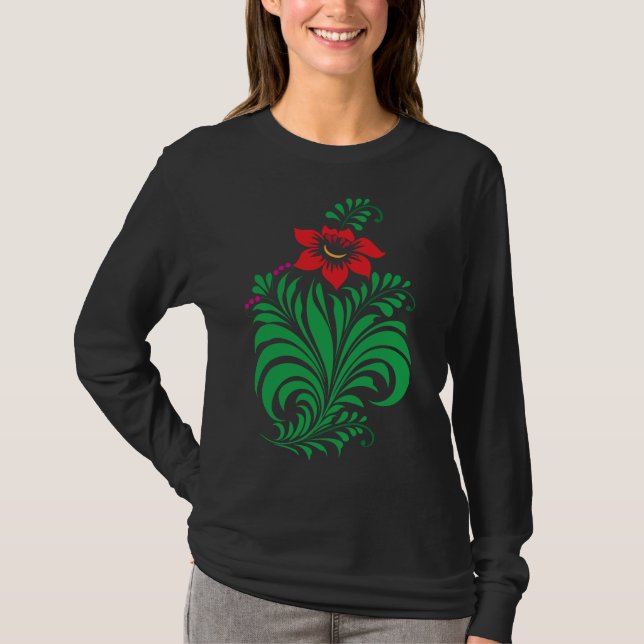 Ornamentalt blomsterblommönster – Elegant T Shirt (Framsida)