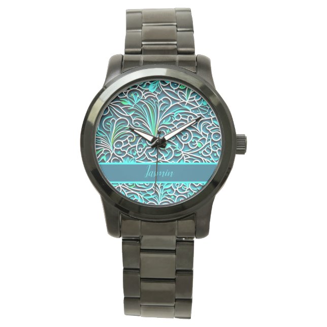 Ornamente Muster 3D Optik blau, türkise, grün Armbandsur (Framsida)