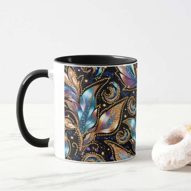 Ornamenterade fjädrar med gyllene Pärlor Mugg (Med munk)