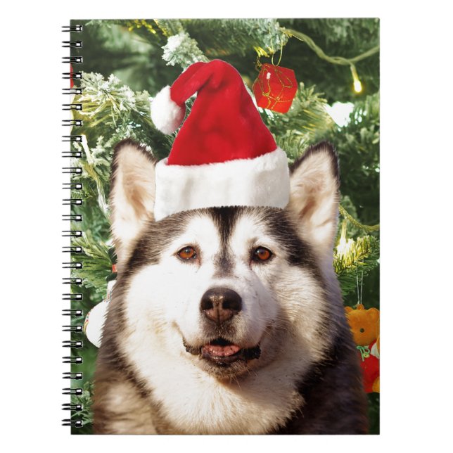 Ornamenterade siberian husky vid Julgran Snögubbe Anteckningsbok Med Spiral (Framsidan)