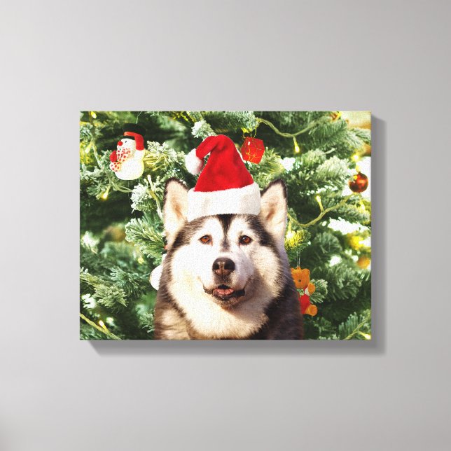 Ornamenterade siberian husky vid Julgran Snögubbe Canvastryck (Framsida)