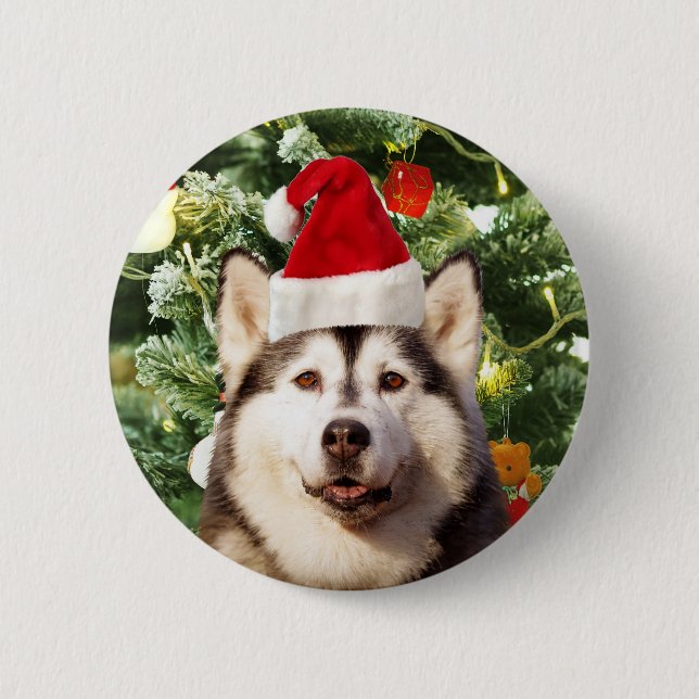 Ornamenterade siberian husky vid Julgran Snögubbe Knapp (Framsida)