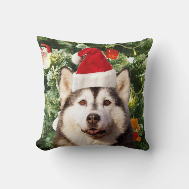 Ornamenterade siberian husky vid Julgran Snögubbe Kudde (Framsida)