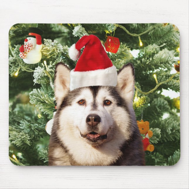 Ornamenterade siberian husky vid Julgran Snögubbe Musmatta (Framsidan)