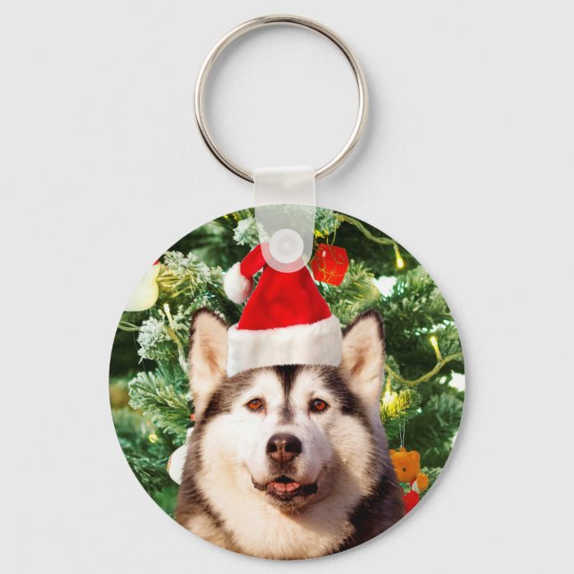 Ornamenterade siberian husky vid Julgran Snögubbe Nyckelring (Framsida)