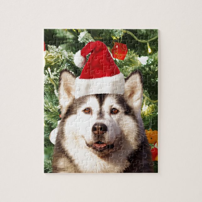 Ornamenterade siberian husky vid Julgran Snögubbe Pussel (Vertikal)