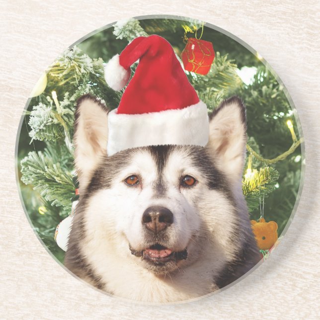 Ornamenterade siberian husky vid Julgran Snögubbe Underlägg Sandsten (Framsidan)