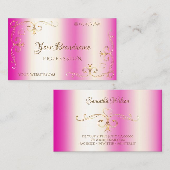 Ornamenterat hörn av lyxiskt Shock rosa-Guld Visitkort (Fram/baksida)