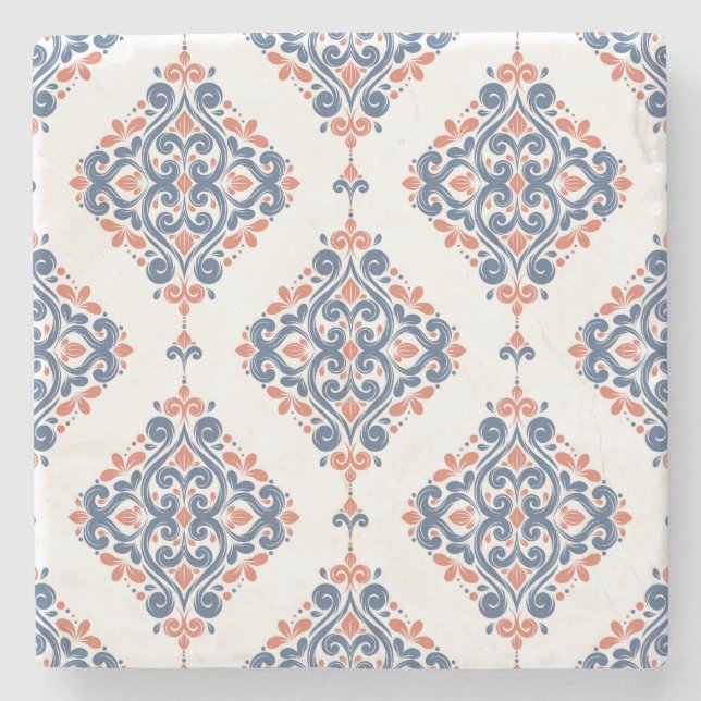 Ornamentik Blå Orange: Vintage Sömlös Stenunderlägg (Framsidan)