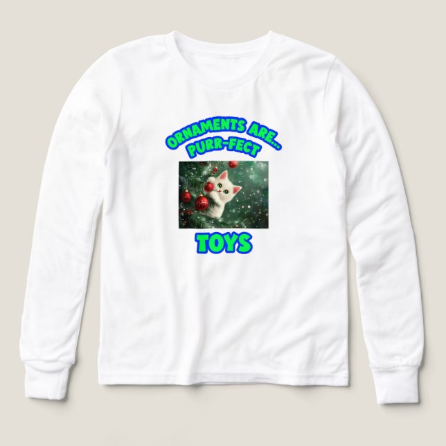 Ornaments Are Purr-fect Toys Kids’ Cat Christmas T Shirt (Design framsida)