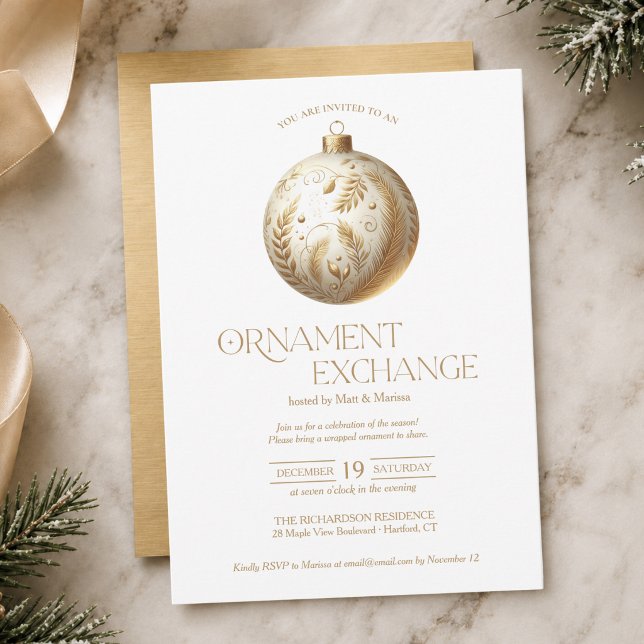 Ornamentutbytesfirande Julfest Inbjudningar (chic elegant white and gold ornament exchange Christmas holiday invitation)