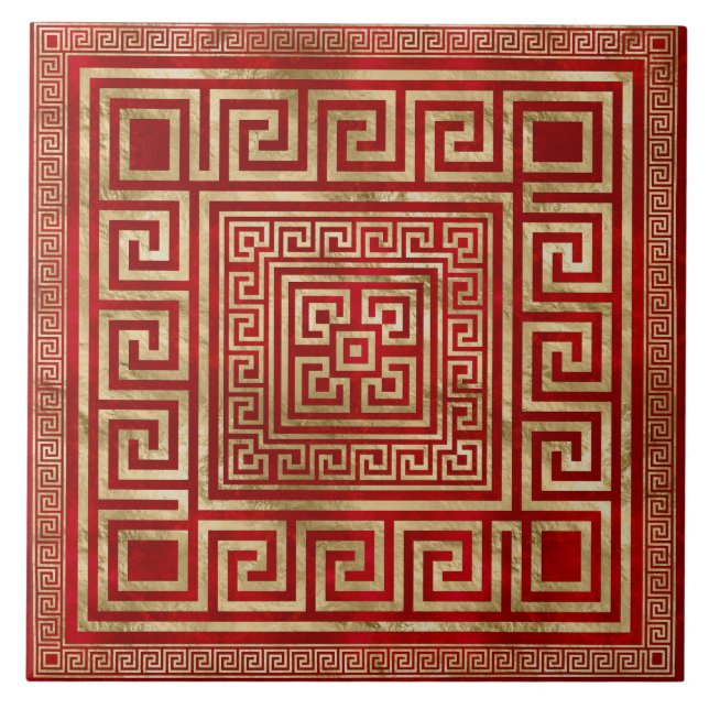 Ornamet Nyckel - grekiska Meander - Deep Red Kakelplatta (Framsidan)