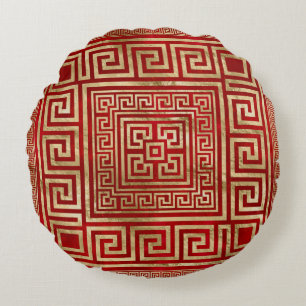 Ornamet Nyckel - grekiska Meander - Deep Red Rund Kudde
