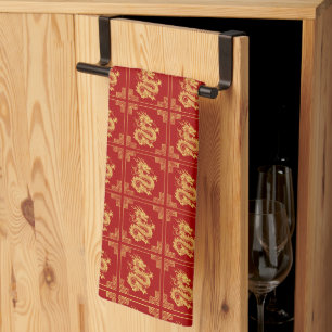 Ornamet Ram Guld Dragon Mönster Red Kökshandduk