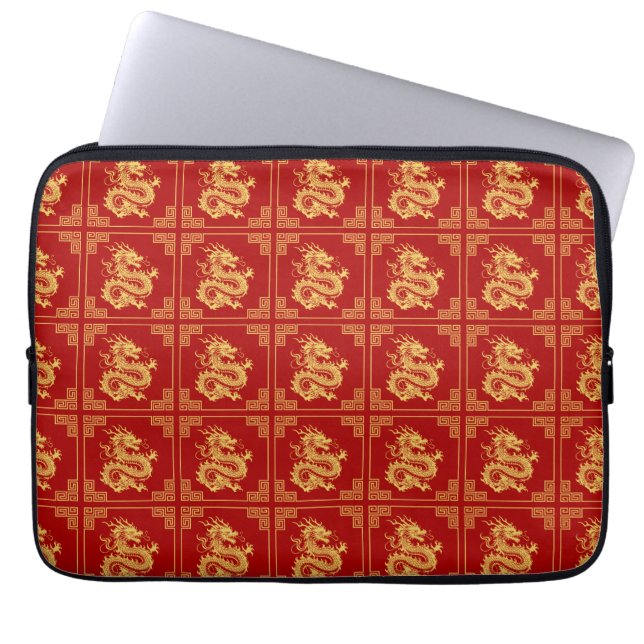 Ornamet Ram Guld Dragon Mönster Red Laptop Fodral (Framsidan)