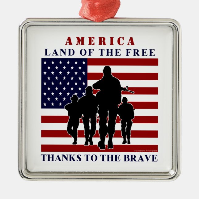 Ornamet USA flagga och Soldater Silver Julgransprydnad Metall (Framsidan)