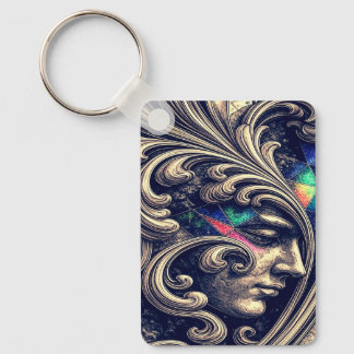 Ornate Abstract Face with Flowing Baroque Keychain Nyckelring