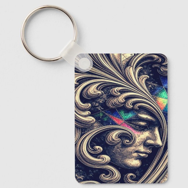Ornate Abstract Face with Flowing Baroque Keychain Nyckelring (Framsida)