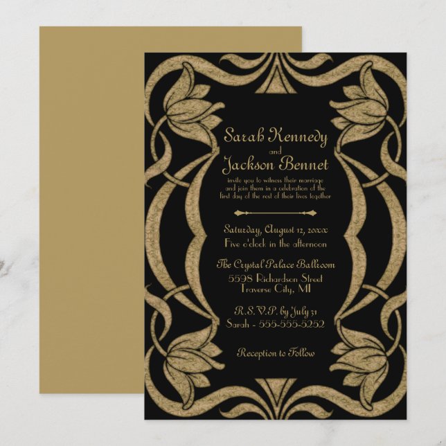 Ornate Art nouveau Black och Guld Elegant bröllop Inbjudningar (Fram/baksida)