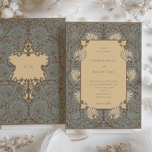 Ornate Baroque Classic Sage and Beige Bröllop Inbjudningar