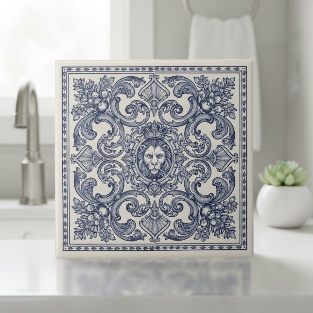 Ornate Baroque Pattern Pat#1 Blue Ivory ID1194 Kakelplatta (Skapare uppladdad)