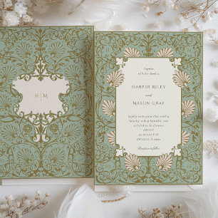 Ornate Baroque Stil Sage Beige Bröllop Inbjudningar