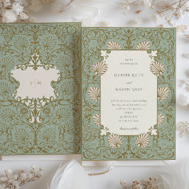 Ornate Baroque Stil Sage Beige Bröllop Inbjudningar