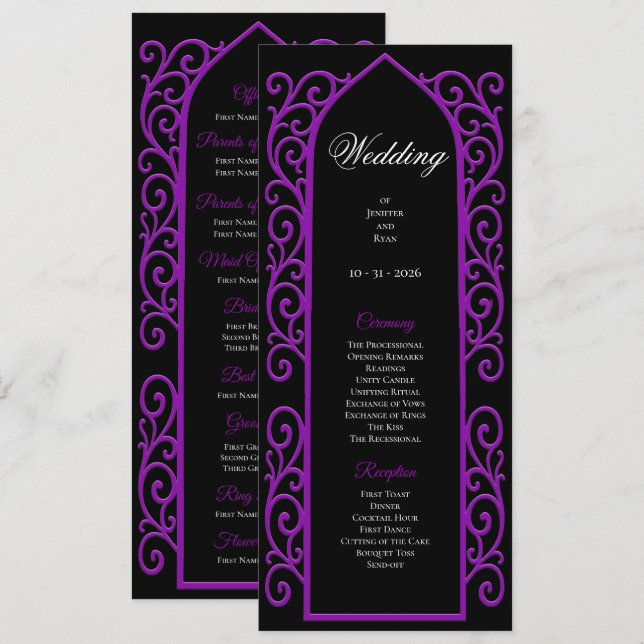 Ornate black and purple Gothic Wedding Program (Fram/baksida)