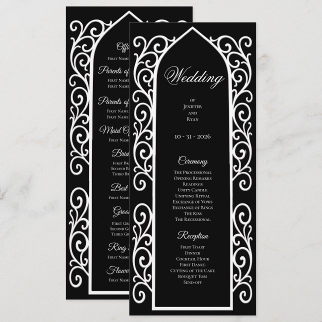 Ornate black and white Gothic Wedding Program (Fram/baksida)