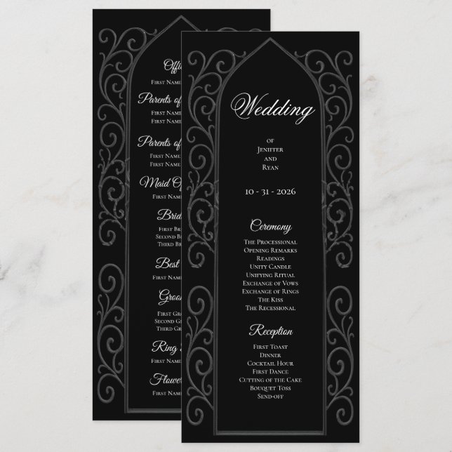 Ornate black and white Gothic Wedding Program (Fram/baksida)