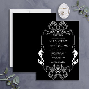 Ornate Black Blommigt Line Art Monogram Bröllop Inbjudningar