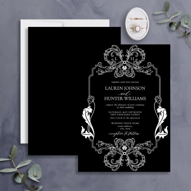 Ornate Black Blommigt Line Art Monogram Bröllop Inbjudningar (Skapare uppladdad)