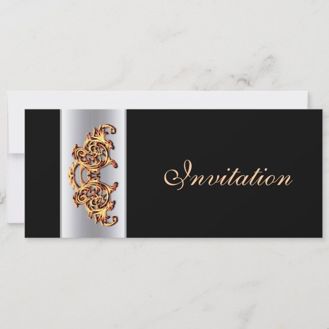 Ornate Black guld swirl Classy bröllopsinbjudan Inbjudningar (Framsida)