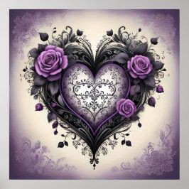 Ornate Black Lila Heart 💜 Gothic Vintage Stil Poster