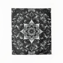 Ornate Black & White Blommigt Tapestry