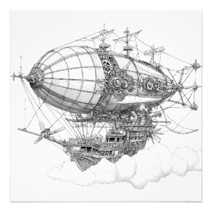 Ornate Black White Steampunk Zeppelin Teckning Fototryck