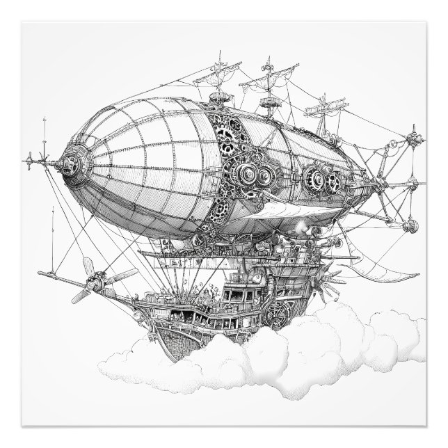 Ornate Black White Steampunk Zeppelin Teckning Fototryck (Framsidan)
