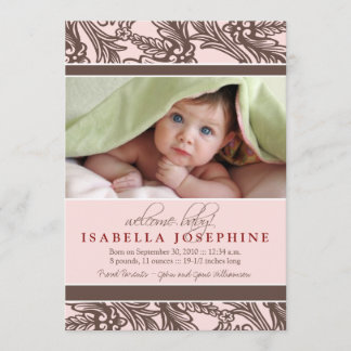Ornate Blommigt Baby Birth Notification (rosa) Meddelande