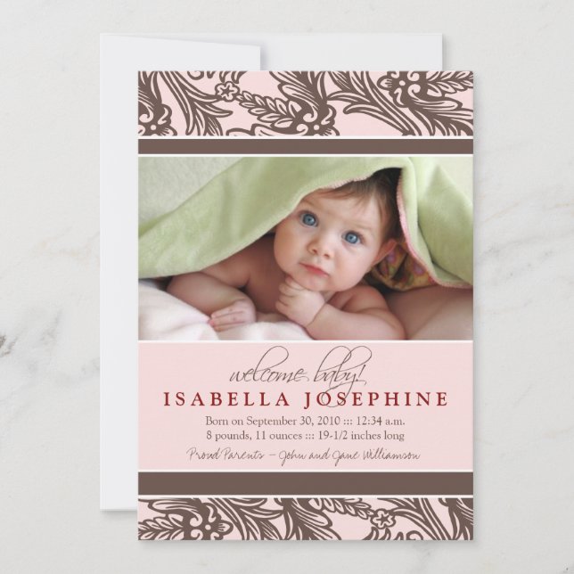 Ornate Blommigt Baby Birth Notification (rosa) Meddelande (Framsida)